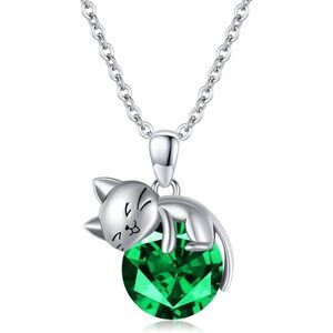 Women's Green Silver Birthstone Beautiful Chain High Pendant Cat Necklace
